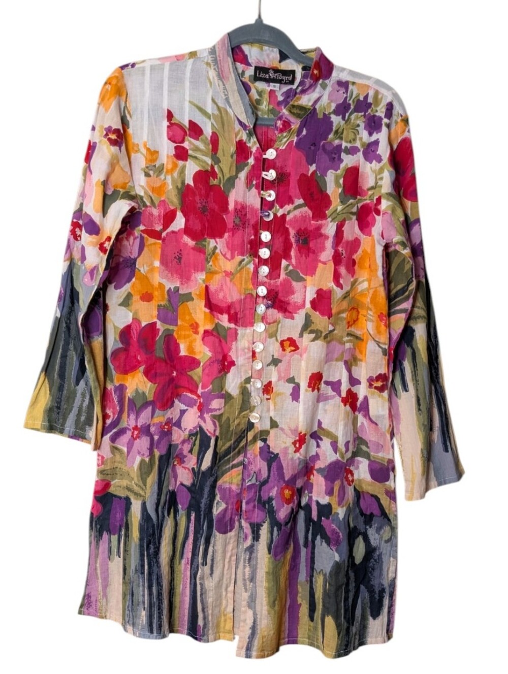 Liza Byrd lightweight colorful Multi-Color floral print cotton tunic blouse S - Picture 8 of 8